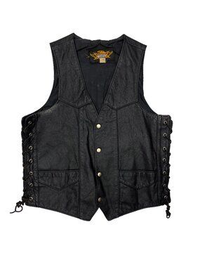 Universal Rider Black Leather Motorcycle Vintage Vest Laces Mens L